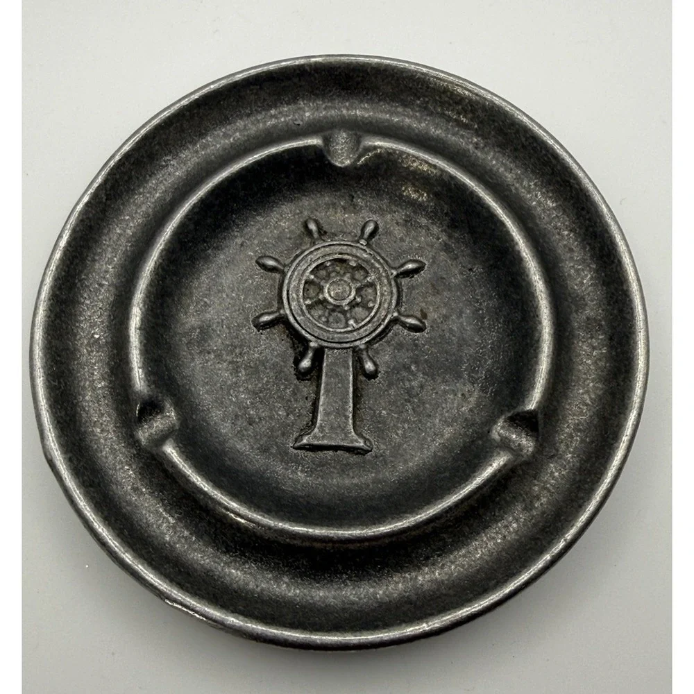 Vintage Nautical Ship Wheel Ashtray Pewter-Look Cast Aluminum Cigarette Tray GUC